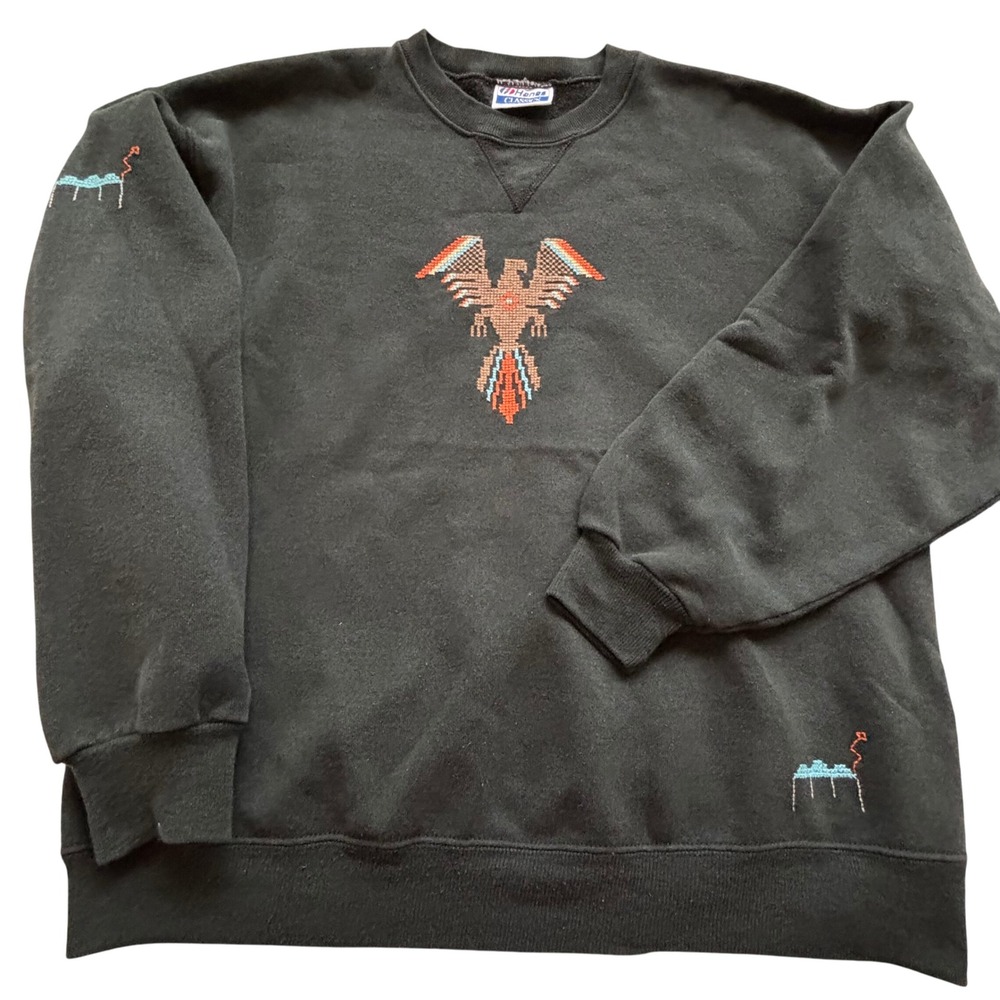 Hanes Classics Mens XL Black Sweatshirt Eagle Embroidery Made USA Boho Tribal
